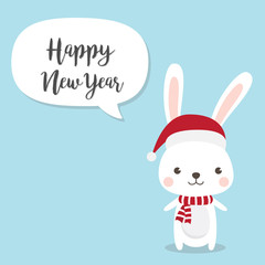 Happy New Year and Merry Christmas invitation card Rabbit cartoon character. A Cute Rabbit standing on blue background. Flat design Vector illustration.