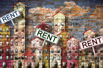 Real estate concept image with colorful cartoon doodles background design and placards with written rent on it.