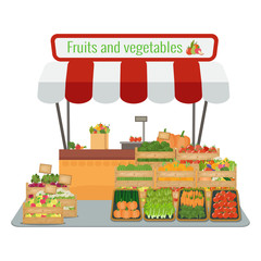 Local farm fruits and vegetables market. Vector flat illustratio