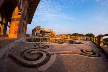 Mandu India, afghan ruins of islam kingdom, mosque monument and muslim tomb. Water channels and...