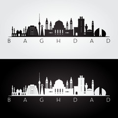 Fototapeta premium Baghdad skyline and landmarks silhouette, black and white design, vector illustration.