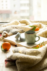 Close up blue coffee cup on the open book with cotton flower, clementine mandarin, french macaroons, plaid, and glowing christmas lights on the window sill. Cosiness, holiday morning comfort concept