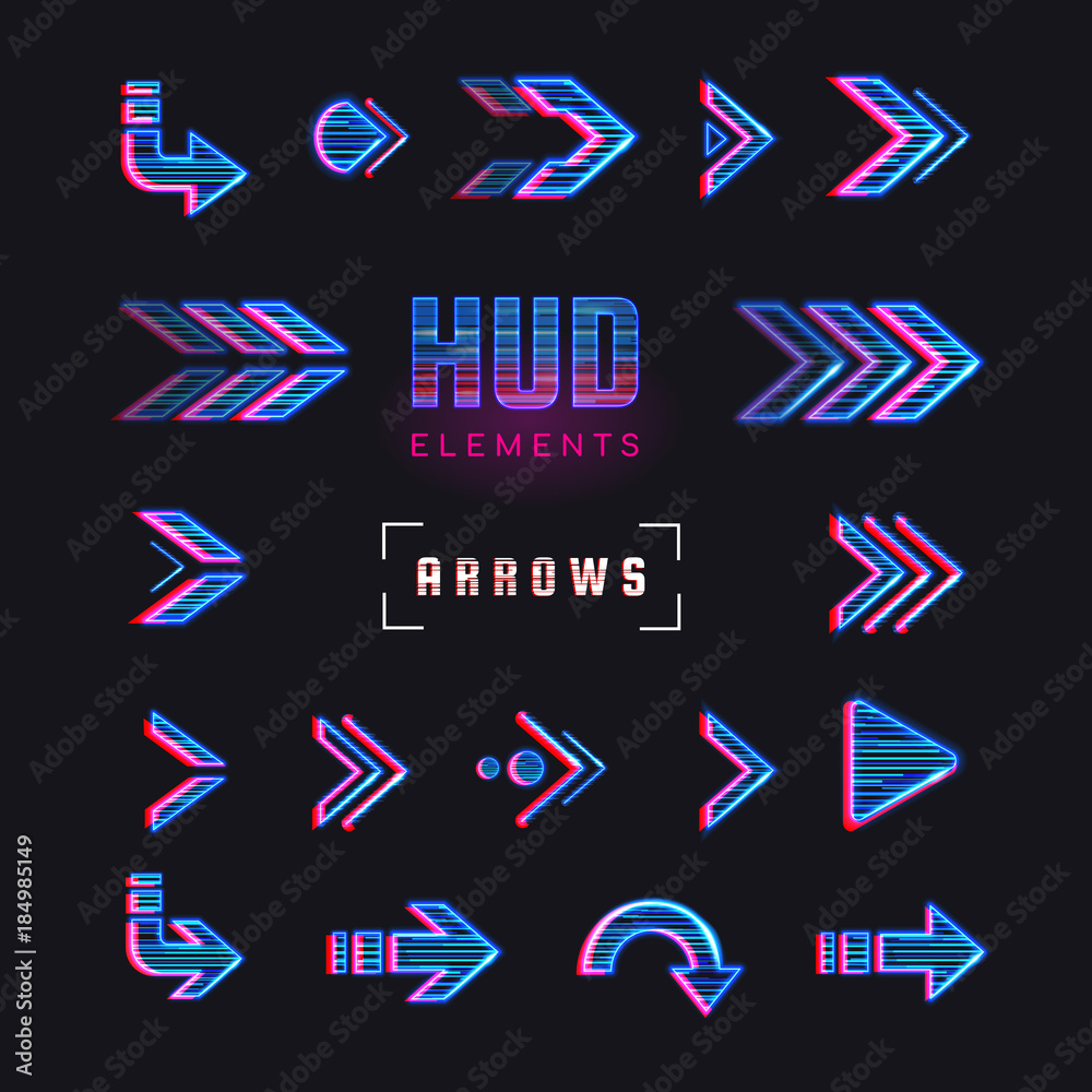 Poster Futuristic interface hud design elements. Set of arrows, pointers, direction. Set of holographic arrows, pointers, direction for infographics. Effect glitch or neon or hologram.Tech and science theme.
