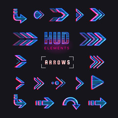 Futuristic interface hud design elements. Set of arrows, pointers, direction. Set of holographic arrows, pointers, direction for infographics. Effect glitch or neon or hologram.Tech and science theme. © Sensvector