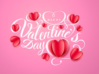 Happy Valentine s day. Font composition with paper red hearts isolated on pink background. Vector beautiful Holiday romantic illustration. Paper craft style. Wallpaper, flyer,invitation,poster,banner.
