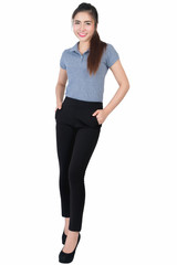 Fototapeta premium Smiling young woman in gray polo shirt on a white background