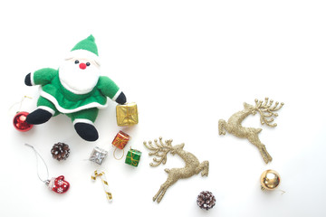 Merry Christmas and Happy New Year. Santa Claus and ornaments isolated on white background