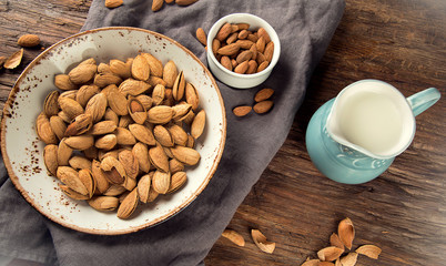 Almond milk and almond nuts.