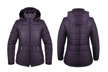 Violet down jacket with hood front and back isolated on white