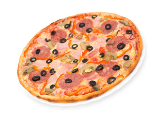 pizza with bacon, peperoni and mushrooms