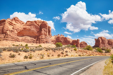 Scenic road, travel concept picture, Arches National Park in Utah, USA.