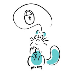 Cat holds the key and thinks about the lock