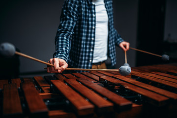 Xylophone player hands with sticks, wooden sounds