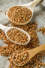 Raw buckwheat in a spoon on sackcloth on a wooden background. Healthy diet food.
