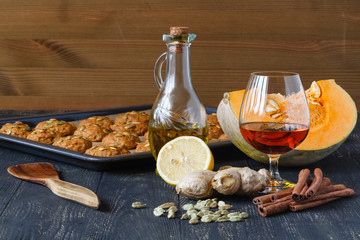 Christmas cinnamon cookies, sucking candy and New Year's decoration on vintage tray