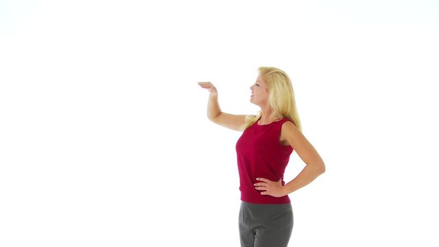 Young professional woman holding out hand for text bulletpoints