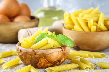 Penne rigate. Macaroni in the form of feathers. mostaccioli pasta.