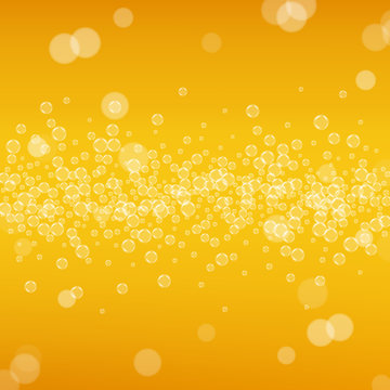 Beer background with realistic bubbles. Cool liquid drink for pub and bar menu design, banners and flyers. Yellow square beer background with white frothy foam. Cold glass of ale for brewery design.
