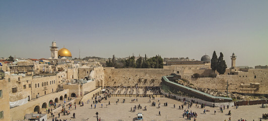 Israel - Jerusalem - Panoramic view of Western Wall (Wailing Wall, Kotel) with cupolas of Dome of the Rock and Al-Aqsa Mosque
