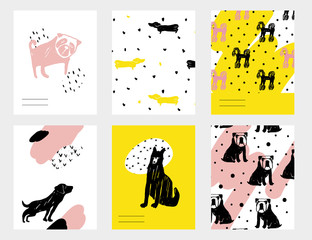 Vector contemporary card set with funny dogs. Hand drawn template with dachshund, pug, bulldog, shepherd, rottweiler for New Year, birthday, business, anniversary, wedding, party invitation, holidays.