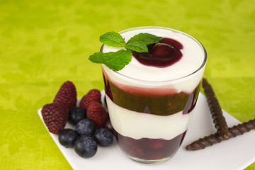 Dessert of creamy  yoghurt with layers of cherry jelly.