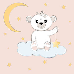 Obraz na płótnie Canvas Cute teddy bear on the cloud holds the star.