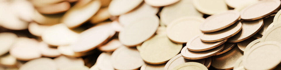 Infinite golden coins horizontal background, realistic texture, original 3d rendering background