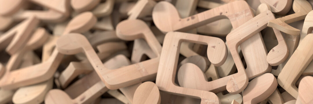 Musical notes made of wood on a plane, original 3d rendering background
