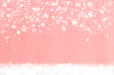 Snowfall on sweet pink wood background with copy space. Raster pattern style for Christmas or new year and love theme on Valentine's day concept can apply for product display or wallpaper.