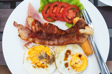 Close up american breakfast top view