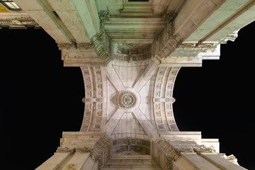 Fototapeta premium Architectural Details Of Rua Augusta Arch Built in 1755 In Lisbon City Of Portugal at night