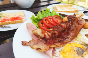 Close up american breakfast top view