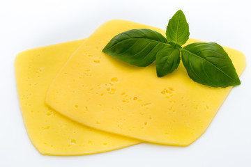 Cheese slices on the white background.
