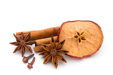 Cloves, anise and cinnamon isolated on white background.