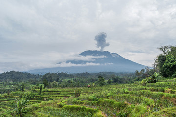 Agung volcano eruption view near rice fields, Bali, Indonesia