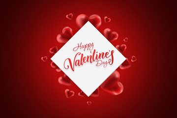 Happy Valentine's Day web banner. Composition with red hearts and a white rhombus in the center on a red background. Flyer, postcard, invitation, illustration.