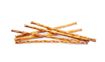 Salty cracker pretzel sticks isolated on white background