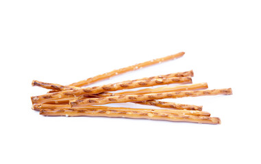 Salty cracker pretzel sticks isolated on white background