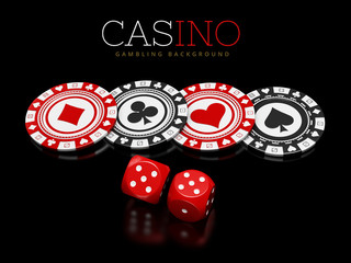 Casino chips and dice on black background, 3d Illustration