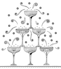 Glass with champagne. Doodle and zentangle style. Hand drawn coloring book. Vector illustration.