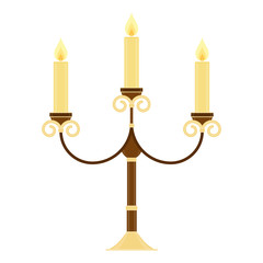 Vector illustration of vintage candelabrum isolated on white background. Candelabra in flat style. Glowing candles in chandelier.