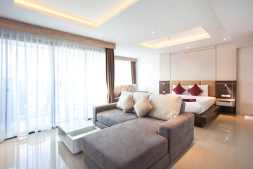 Luxury Interior design in bedroom of pool villa with cozy king bed