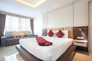 Luxury Interior design in bedroom of pool villa with cozy king bed
