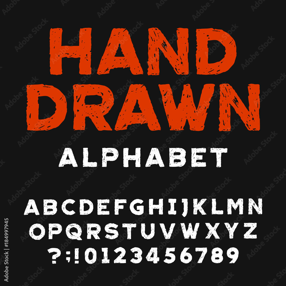 Fototapete hand drawn alphabet font. distressed letters and numbers on a dark background. stock vector typeface