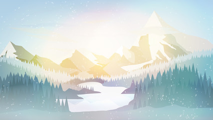 Winter Pine Forest with Mountain Lake- Vector Illustration - 184998375