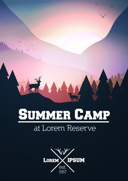 Summer Camp Flyer or Poster with Mountains, Stag on Hill Top Pine Forest Landscape - Vector Illustration
