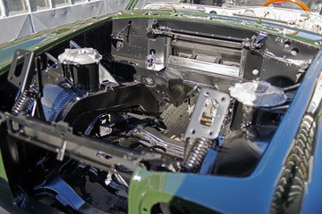 An engine of a classic vintage car
