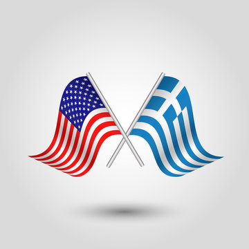 ector two crossed american and greek flags on silver sticks - symbol of united states of america and greece