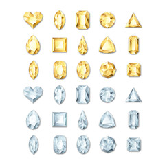 Vector realistic golden and silver white gems and jewels on white background. Gold shiny diamonds with different cuts.