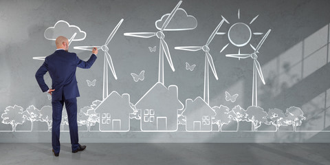 Businessman drawing renewable energy sketch on a wall 3D rendering